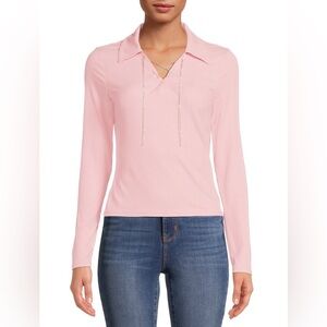 Pink No Boundaries Juniors' Rhinestone Lace-Up Polo Shirt with Long Sleeves
